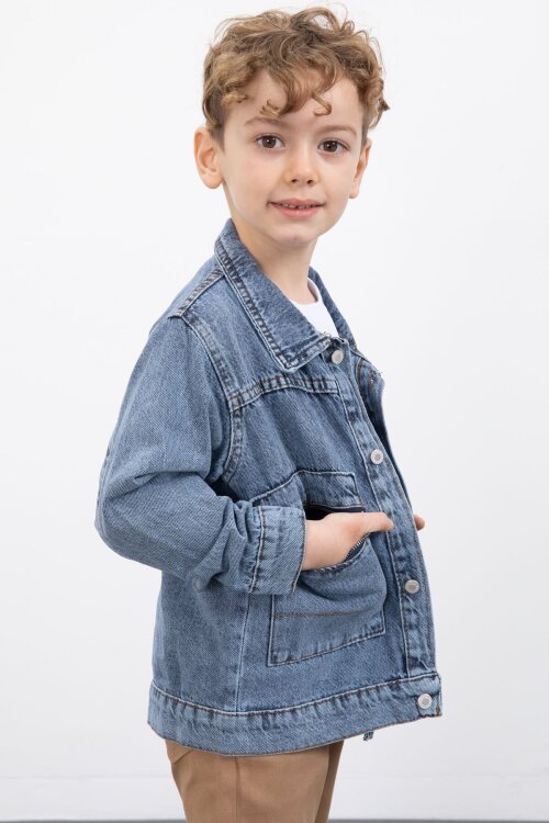 Mavi Fermuar Cepli Jean Ceketli Erkek Çocuk Pantolonlu 3lü Takım 20019