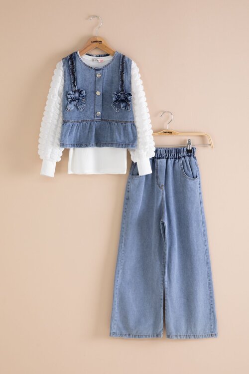 Mavi Fiyonk Detaylı Kız Çocuk 3lü Jean Takım 23414