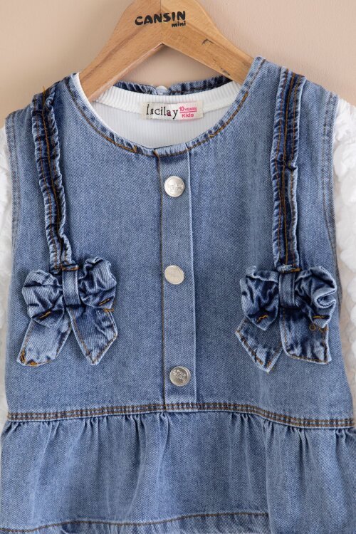 Mavi Fiyonk Detaylı Kız Çocuk 3lü Jean Takım 23414