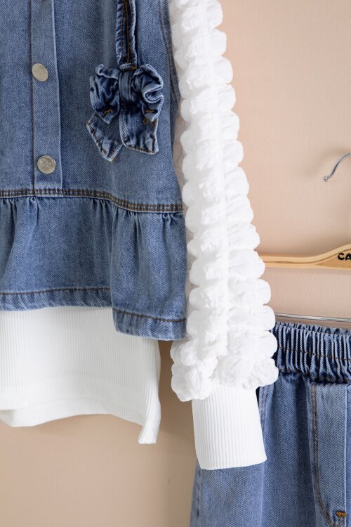 Mavi Fiyonk Detaylı Kız Çocuk 3lü Jean Takım 23414