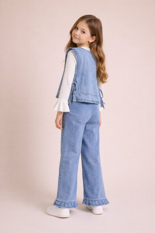 Mavi Geniş Paça Pantolonlu Taş Detaylı 3lü Kız Çocuk Jean Takım 23740