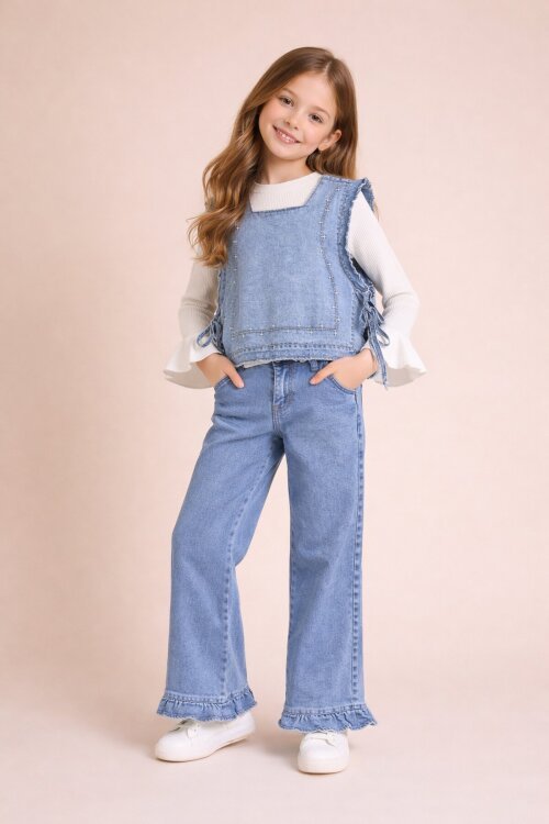 Mavi Geniş Paça Pantolonlu Taş Detaylı 3lü Kız Çocuk Jean Takım 23740