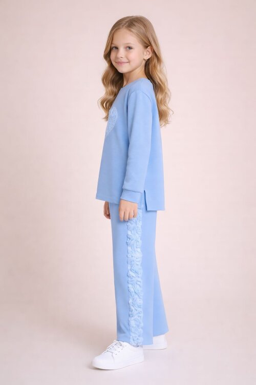 Mavi Gül Detaylı Geniş Paça Pantolonlu Kız Çocuk Badili 2li Takım 23731