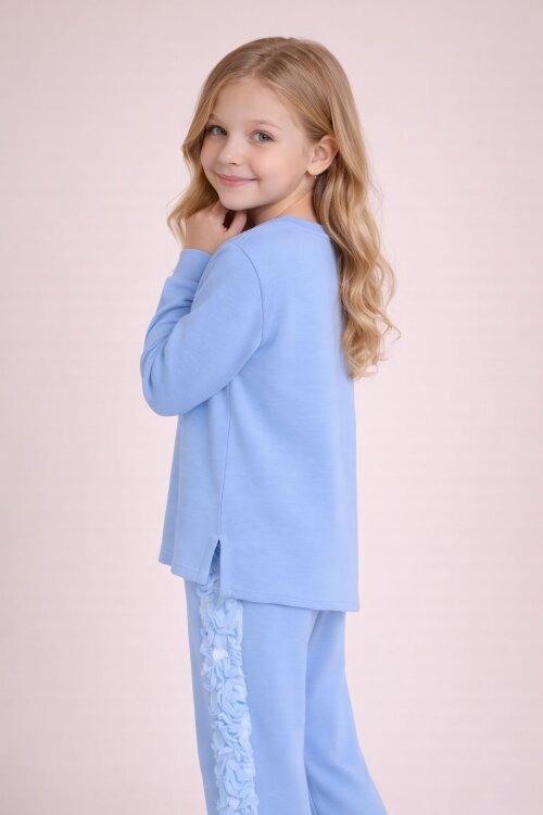 Mavi Gül Detaylı Geniş Paça Pantolonlu Kız Çocuk Badili 2li Takım 23731