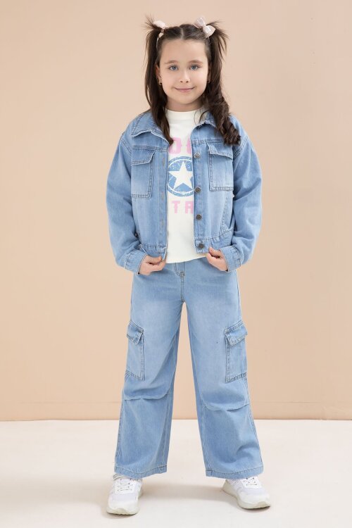 Mavi Jean Ceketli Kargo Cepli  Pantolonlu Kız Çocuk Badili 3lü Alt Üst Takım 23614