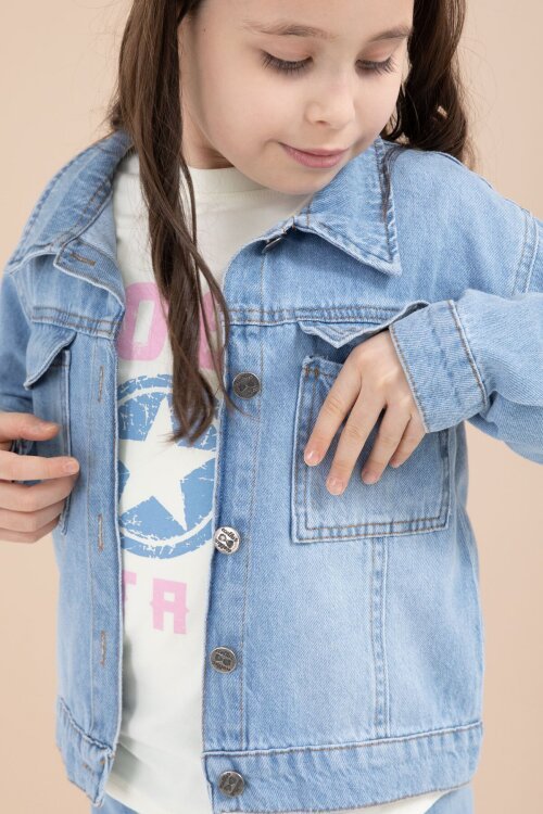 Mavi Jean Ceketli Kargo Cepli  Pantolonlu Kız Çocuk Badili 3lü Alt Üst Takım 23614