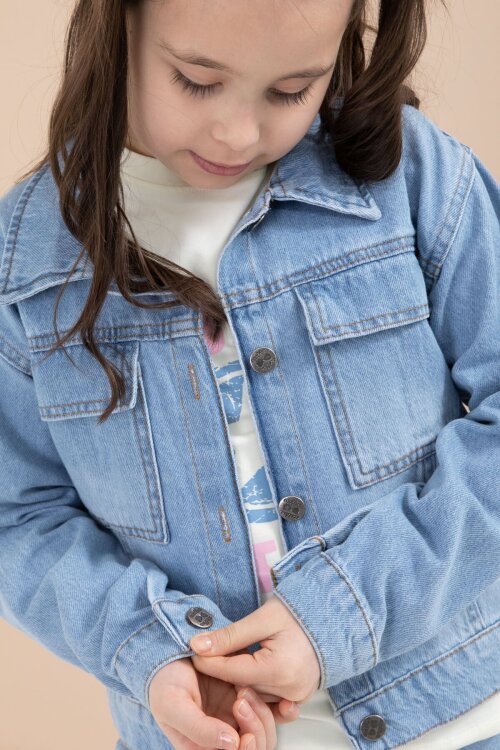 Mavi Jean Ceketli Kargo Cepli  Pantolonlu Kız Çocuk Badili 3lü Alt Üst Takım 23614