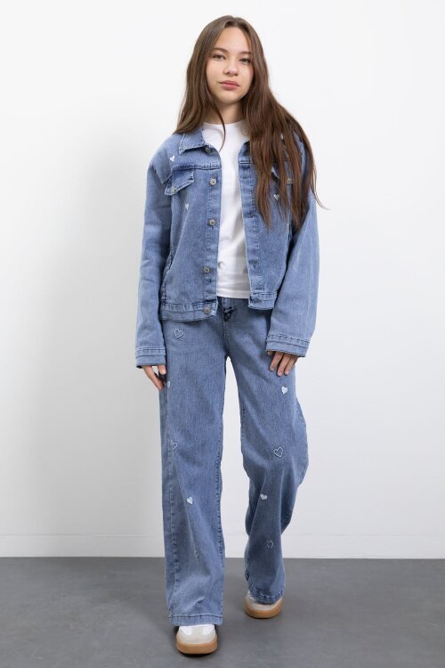 Mavi Kalp Desenli Düğmeli Ceketli Pantolonlu Kız Çocuk Jean Takım 23475