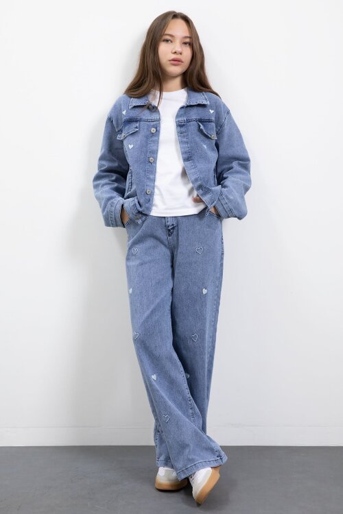 Mavi Kalp Desenli Düğmeli Ceketli Pantolonlu Kız Çocuk Jean Takım 23475