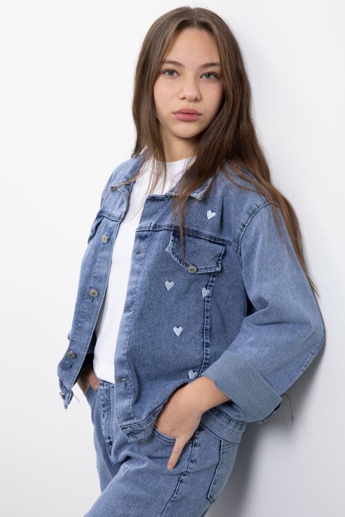 Mavi Kalp Desenli Düğmeli Ceketli Pantolonlu Kız Çocuk Jean Takım 23475