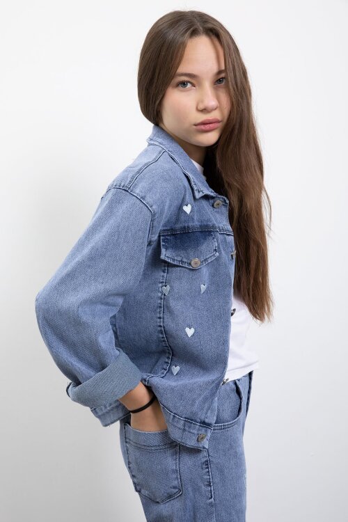 Mavi Kalp Desenli Düğmeli Ceketli Pantolonlu Kız Çocuk Jean Takım 23475