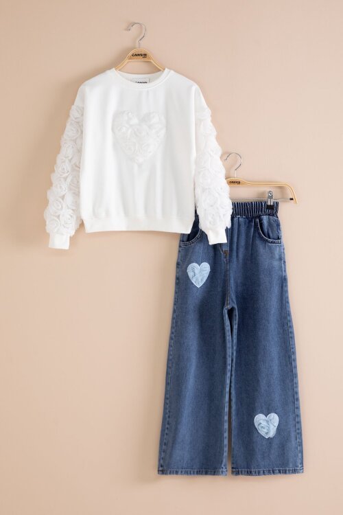 Mavi Kalp Detaylı Kız Çocuk 2li Takım 23417