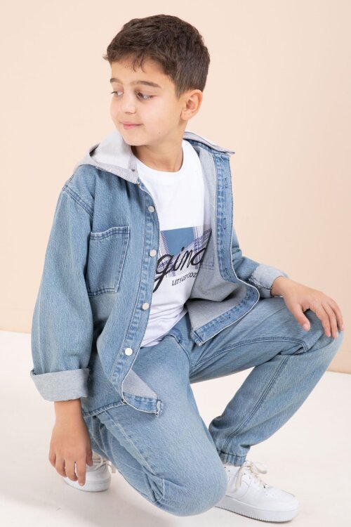 Mavi Kapüşonlu Ceketli Pantolonlu Erkek Çocuk 3lü Jean Takım  23624