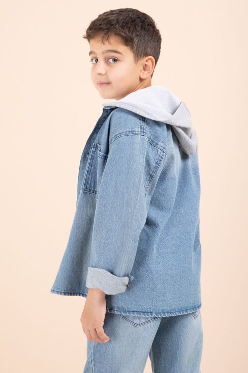 Mavi Kapüşonlu Ceketli Pantolonlu Erkek Çocuk 3lü Jean Takım  23624