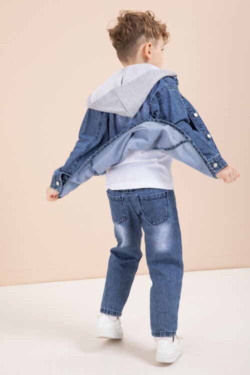 Mavi Kapüşonlu Jean Ceketli Pantolonlu Erkek Çocuk Baskılı Tişörtlü 3lü Takım 23616