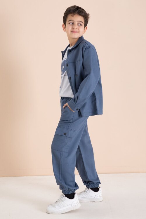 Mavi Kargo Cepli Jean Ceketli ve Pantolonlu Erkek Çocuk Tişörtlü 3lü Takım  23536