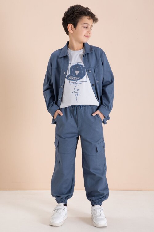 Mavi Kargo Cepli Jean Ceketli ve Pantolonlu Erkek Çocuk Tişörtlü 3lü Takım  23536