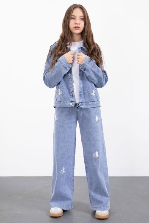 Mavi Kelebek Nakışlı Düğmeli Ceketli Pantolonlu Kız Çocuk Jean Takım 23446