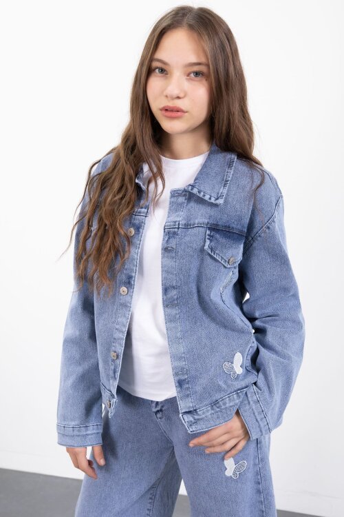 Mavi Kelebek Nakışlı Düğmeli Ceketli Pantolonlu Kız Çocuk Jean Takım 23446