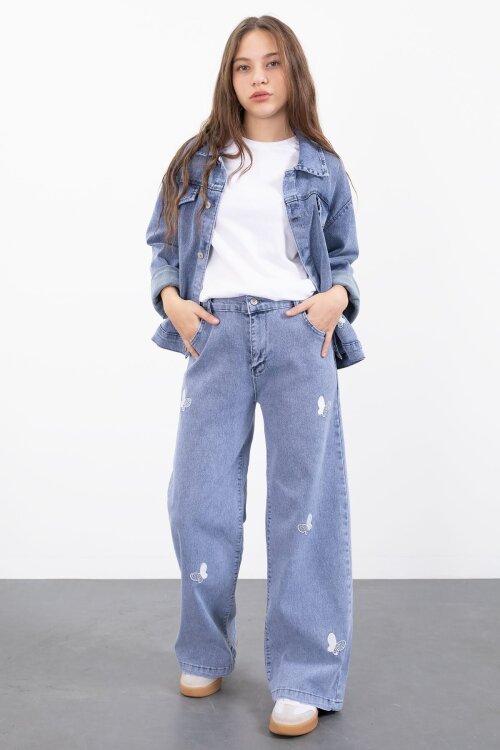 Mavi Kelebek Nakışlı Düğmeli Ceketli Pantolonlu Kız Çocuk Jean Takım 23446
