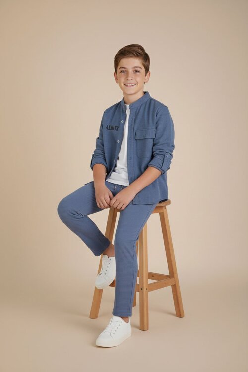 Mavi Keten Gömlekli Pantolonlu Erkek Çocuk 3lü Alt Üst Takım  23572