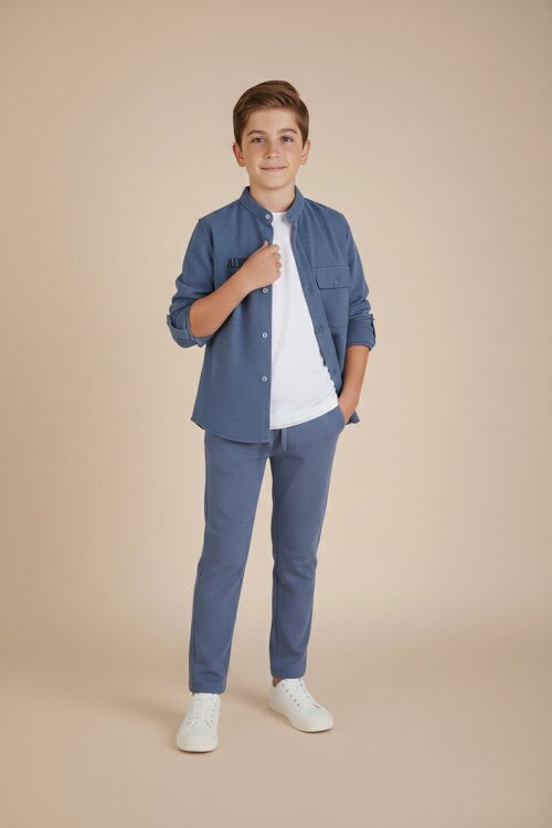 Mavi Keten Gömlekli Pantolonlu Erkek Çocuk 3lü Alt Üst Takım  23572