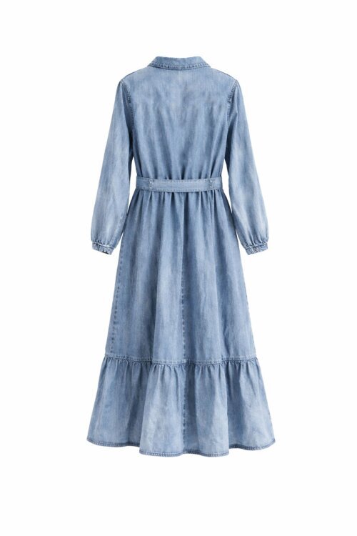 Mavi Kız Çocuk Kuşaklı Düğme Kapmalı Jean Elbise 20495