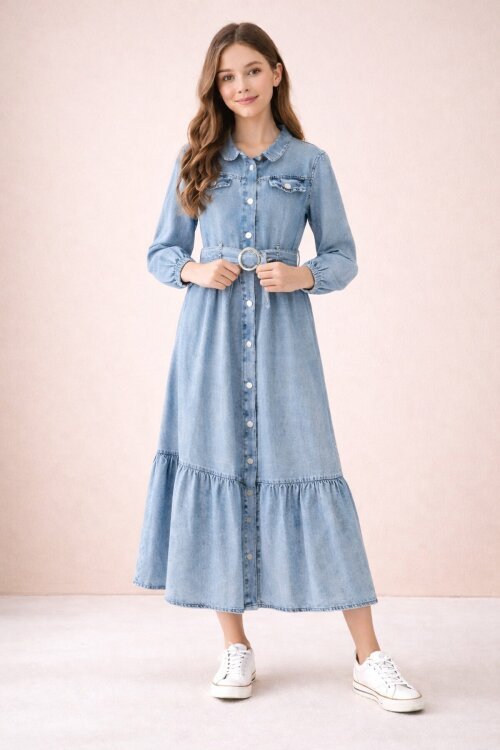 Mavi Kız Çocuk Kuşaklı Düğme Kapmalı Jean Elbise 20495