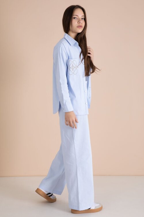 Mavi Nakışlı Gömlekli Badili Kız Çocuk 3lü Pantolonlu Takım 23561