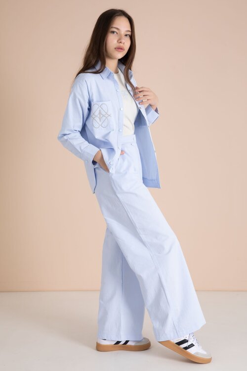 Mavi Nakışlı Gömlekli Badili Kız Çocuk 3lü Pantolonlu Takım 23561