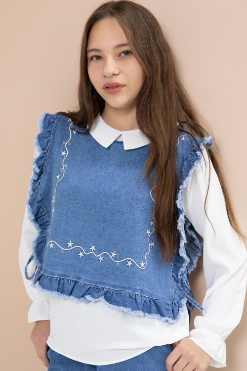 Mavi Nakışlı Jean Süveterli Püsküllü Pantolonlu 3lü Kız Çocuk Jean Takım  23483