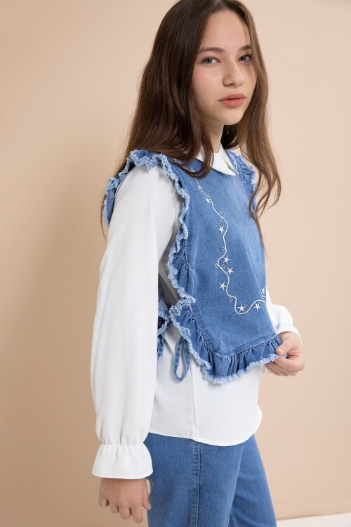 Mavi Nakışlı Jean Süveterli Püsküllü Pantolonlu 3lü Kız Çocuk Jean Takım  23483