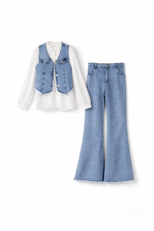 Mavi Püsküllü Jean Yelekli Fularlı Gömlekli Kız Çocuk 3lü Pantolonlu Takım 23767