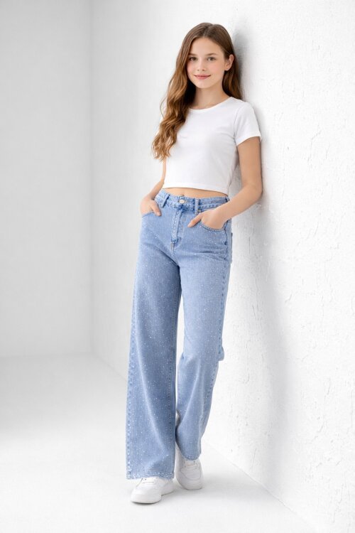 Mavi Taş İşlemeli Geniş Paça Beli Lastikli Kız Çocuk Jean Pantolon 23738