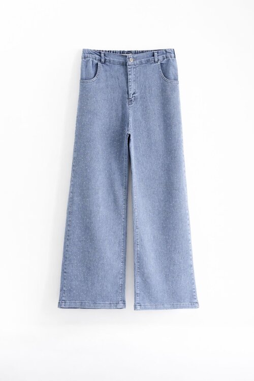 Mavi Taş İşlemeli Geniş Paça Beli Lastikli Kız Çocuk Jean Pantolon 23738