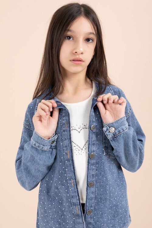 Mavi Taşlı Jean Gömlekli Kız Çocuk Geniş Paça 3lü Jean Takım 23441