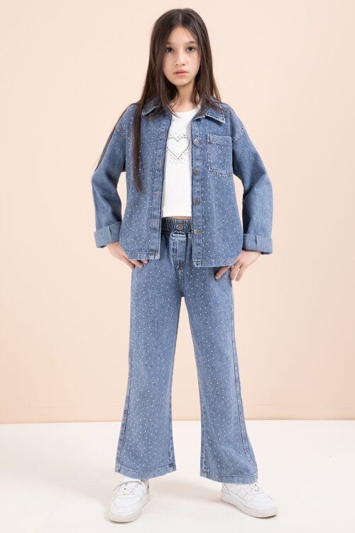 Mavi Taşlı Jean Gömlekli Kız Çocuk Geniş Paça 3lü Jean Takım 23441