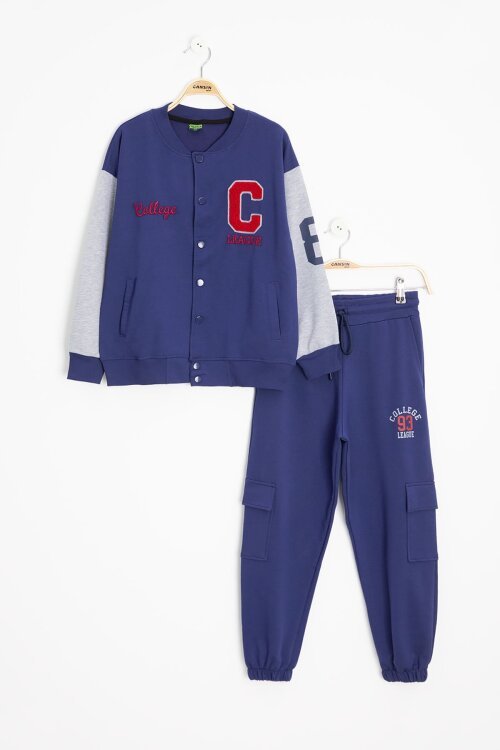 Mavi Yazı Nakışlı Kolej Ceketli Erkek Çocuk Eşofman Takımı 21224