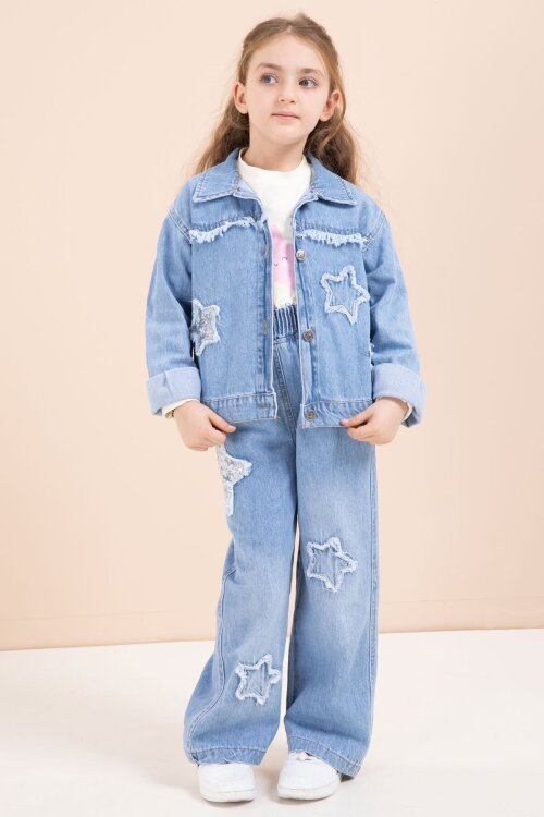 Mavi Yıldız Nakışlı Ceketli  Kız Çocuk 3lü Jean Takım 23442