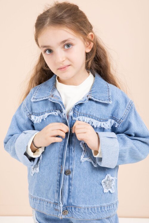 Mavi Yıldız Nakışlı Ceketli  Kız Çocuk 3lü Jean Takım 23442
