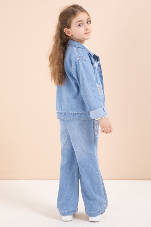 Mavi Yıldız Nakışlı Ceketli  Kız Çocuk 3lü Jean Takım 23442