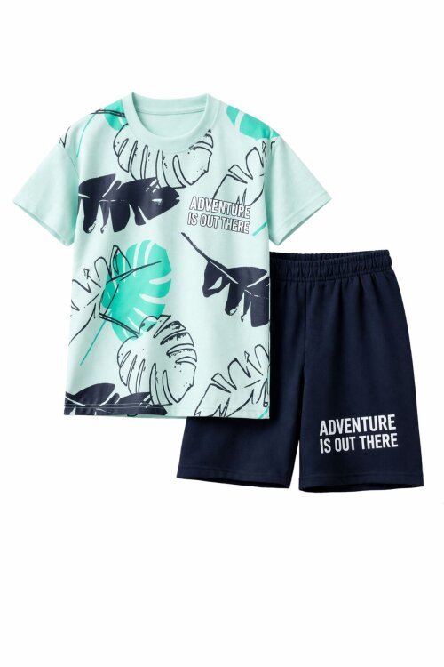 Mint Yaprak Baskılı Bisiklet Yaka Erkek Çocuk 2li Şortlu Takım 21059