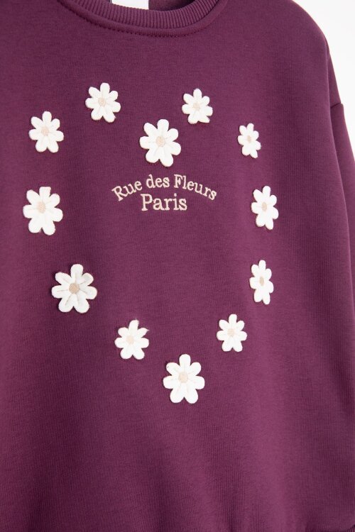 Mor Çiçek Nakışlı Şardonlu Kız Çocuk Geniş Paça Eşofman Takımı 23347