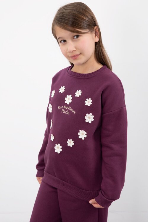 Mor Çiçek Nakışlı Şardonlu Kız Çocuk Geniş Paça Eşofman Takımı 23347