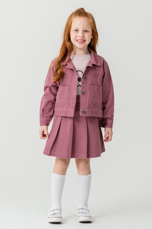 Mor Papatya Nakışlı Ceketli Kız Çocuk Jean Ceketli 3lü Takım 23432