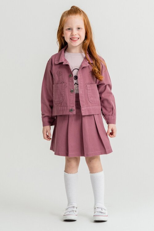 Mor Papatya Nakışlı Ceketli Kız Çocuk Jean Ceketli 3lü Takım 23432