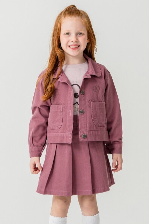 Mor Papatya Nakışlı Ceketli Kız Çocuk Jean Ceketli 3lü Takım 23432