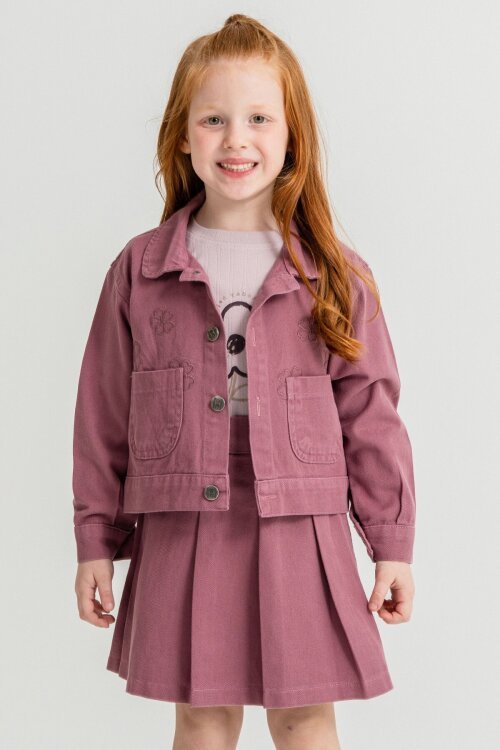 Mor Papatya Nakışlı Ceketli Kız Çocuk Jean Ceketli 3lü Takım 23432