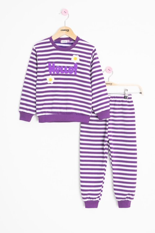 Mor Papatya Nakışlı Çizgili Kız Çocuk Takım 23351