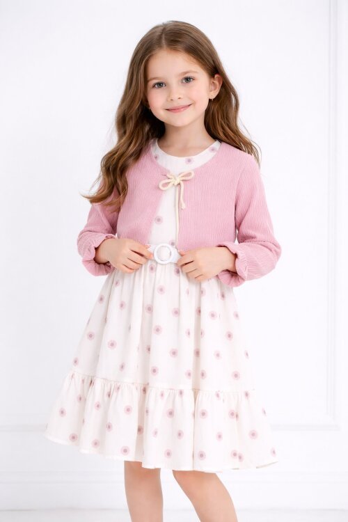 Pembe Bolerolu Çiçek Desenli Kuşaklı Kız Çocuk Elbise Takımı  23504